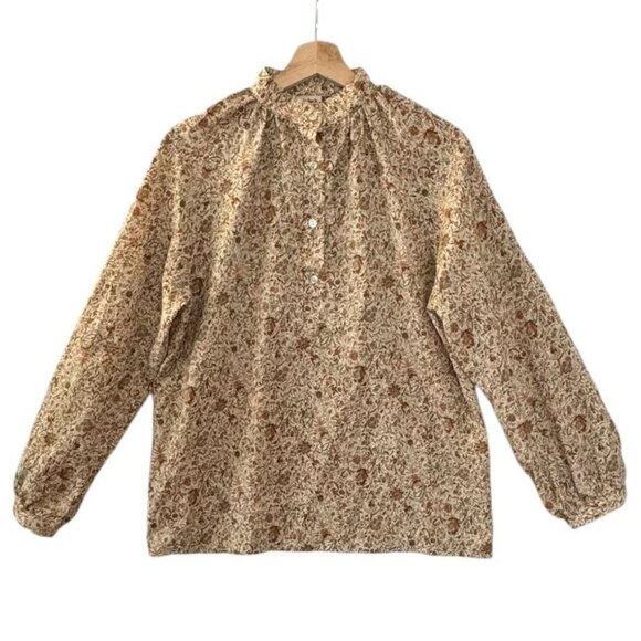 70s Vintage Winter Jack Tan Green Ditsy Floral Ballon Sleeve Pop Over Blouse - Picture 1 of 7